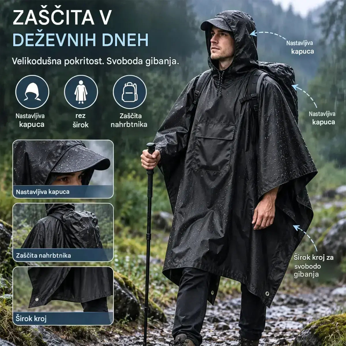 🏕️Večnamenski dežni pončo 3 v 1 | Vodoodporno ogrinjalo + šotor + podloga | Za pohodništvo in kampiranje 🌧️