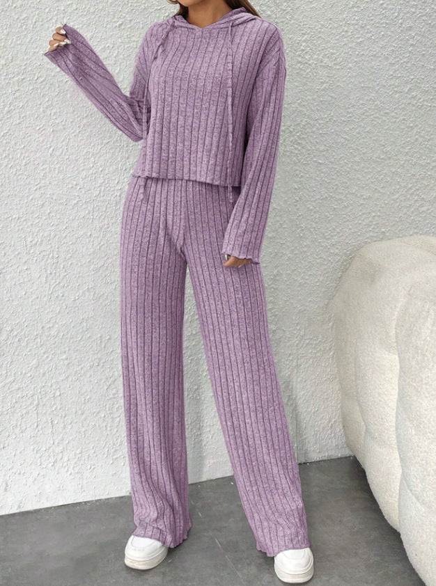 【Μπλούζα + Παντελόνι】😍Γυναικείο πλεκτό τοπ με κουκούλα και φαρδύ παντελόνι