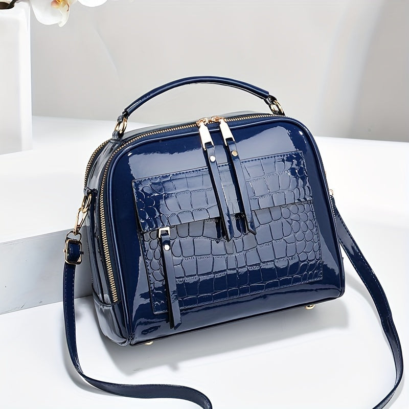 💟Geantă de mână elegantă din piele lacuită cu model crocodil, stil retro, geantă de umăr pătrată vintage, crossbody din piele artificială cu curea reglabilă pentru femei