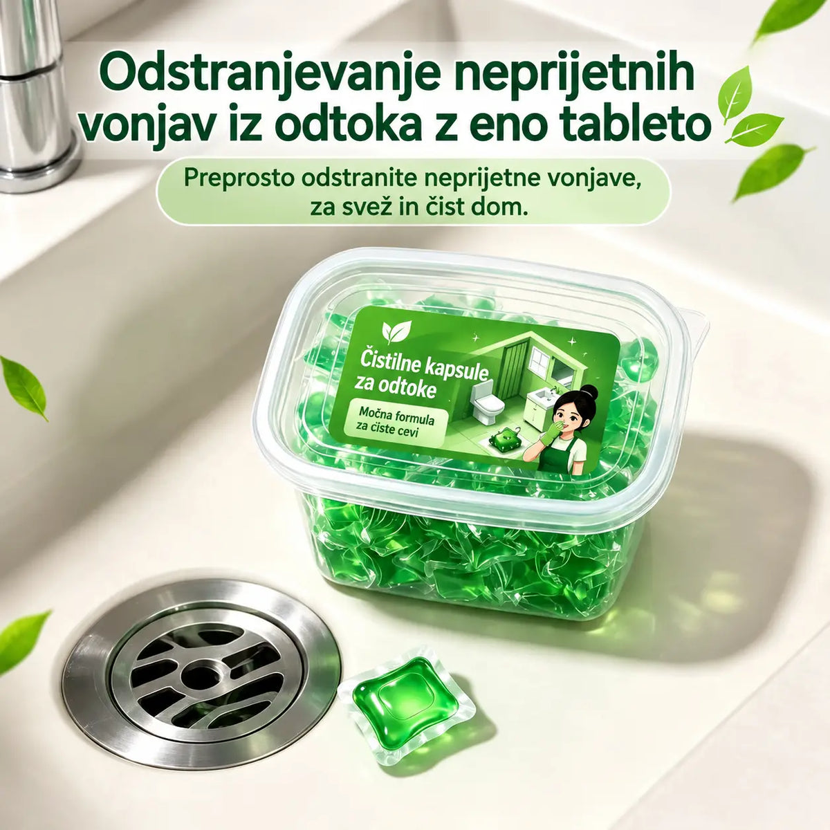 2 pakiranji (100 tablet) za 23 €. V vodi topne kapsule za odpravljanje neprijetnih vonjav iz odtokov – odlična rešitev za preprečevanje širjenja vonjav v kopalnicah in kuhinjah.