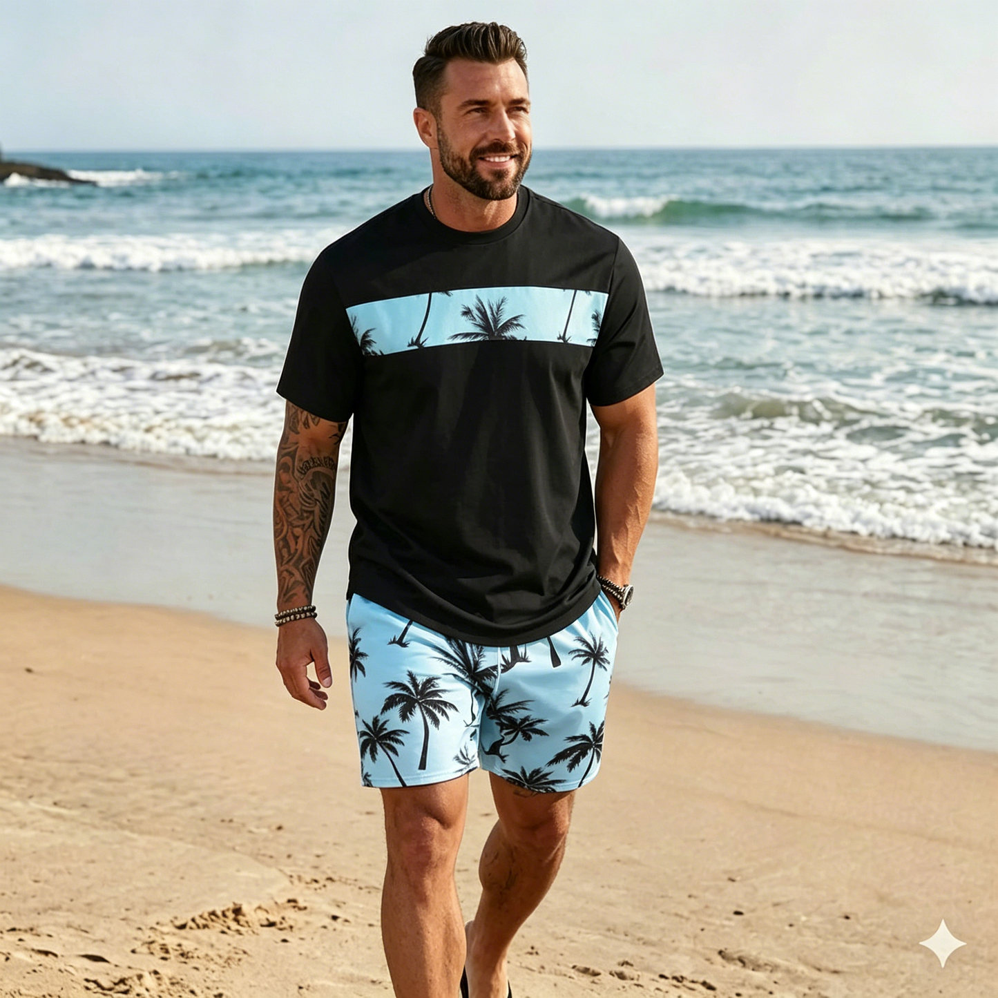 🌴【S-5XL】Új divatos férfi nyári öltöny, mintás pólóval és rövidnadrággal; laza és lezser fazon.