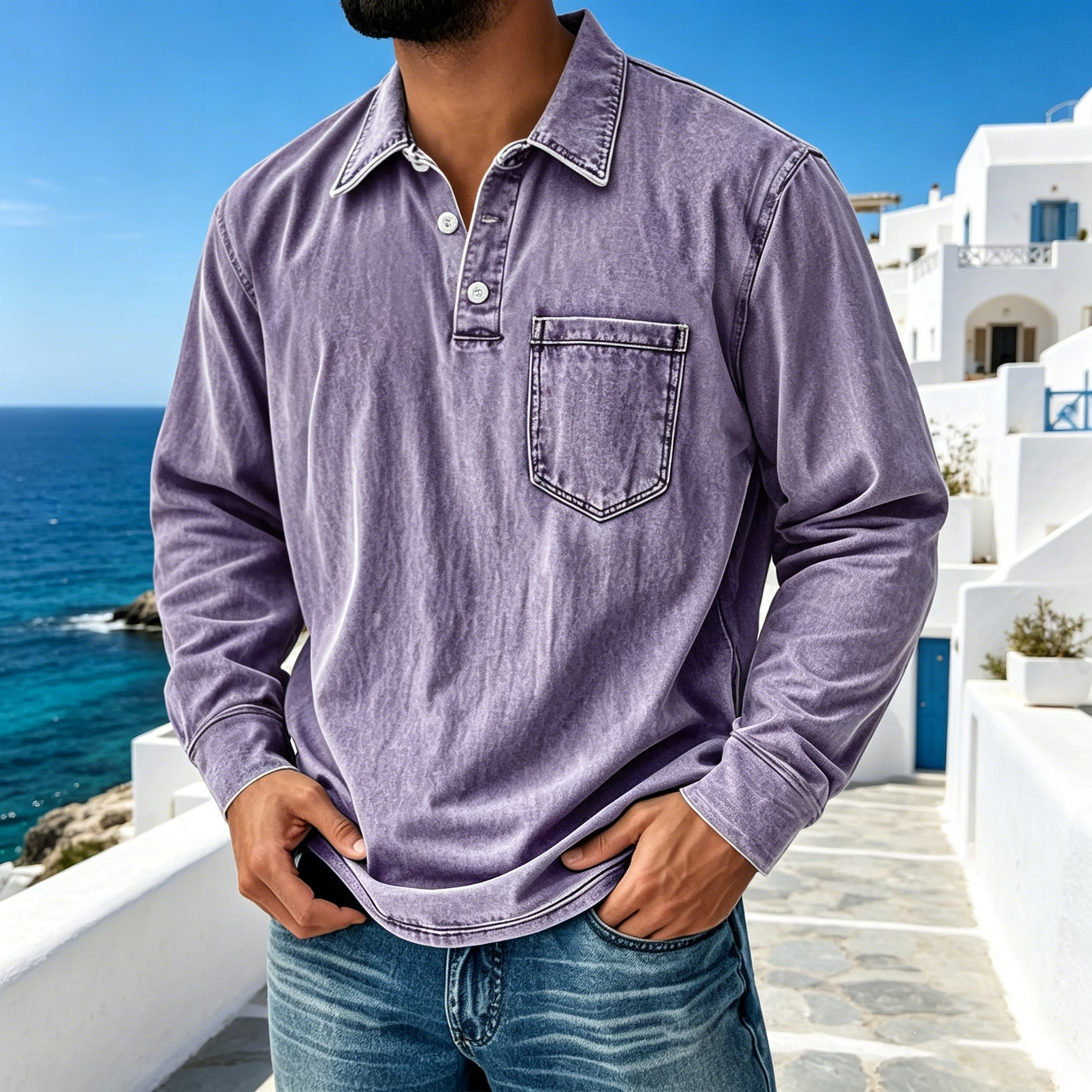 【S-5XL】Νέο τζιν πουκάμισο Henley για άνδρες με 3 κουμπιά, casual, μακρυμάνικο, του 2026