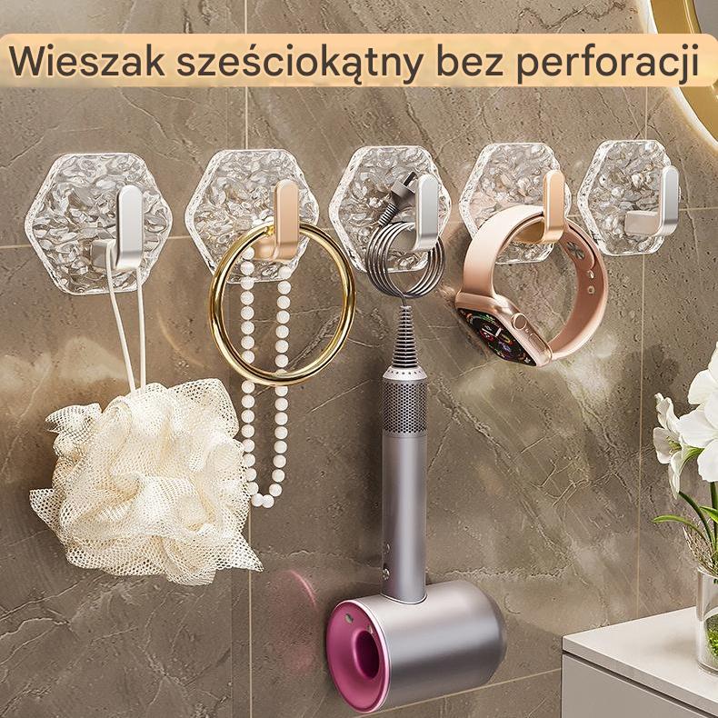 💥🏆【10 szt】Haczyki Hexagonalne Bez Wiercenia. 💎 Elegancki Design z Teksturą Iceberg – Łatwe Przyklejanie, Silne Wsparcie, Bez Śladów 🛁