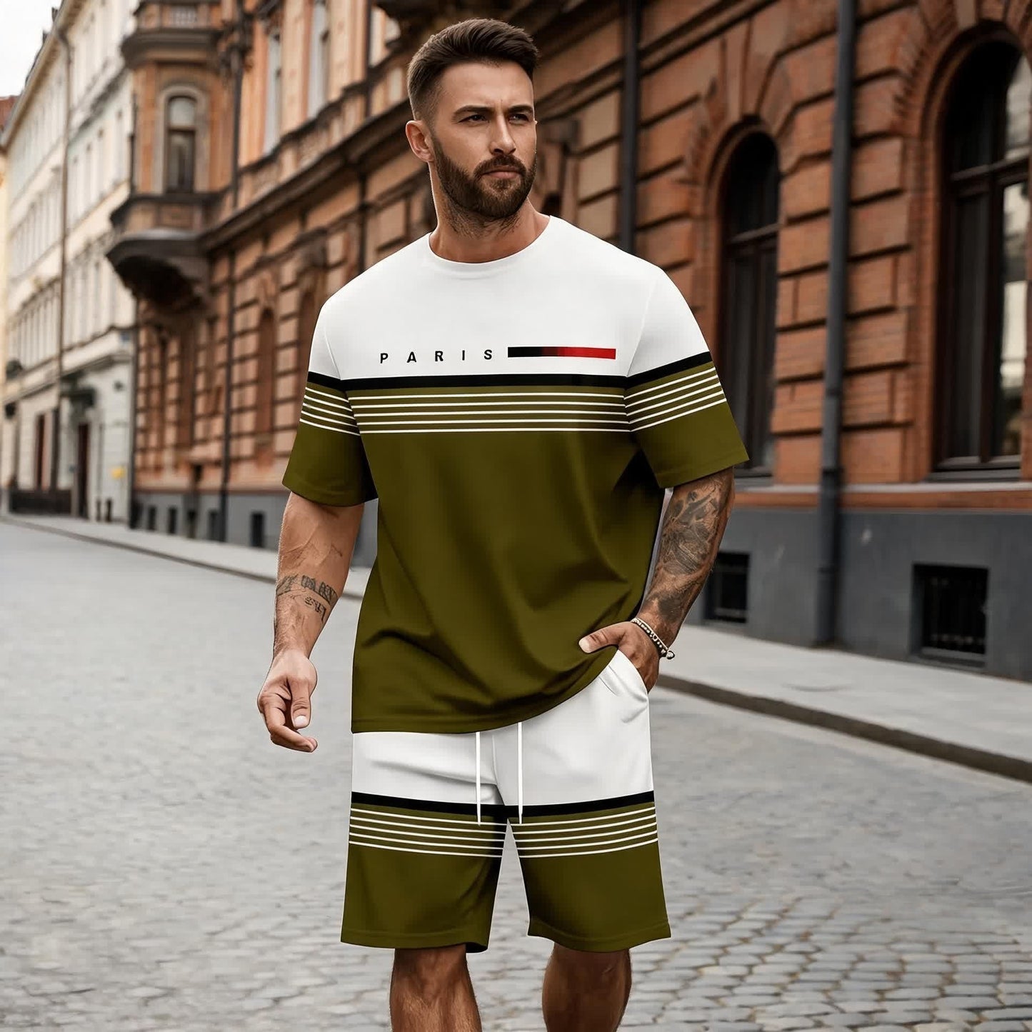 【S-6XL】Férfi lezser, kényelmes, betűmintás rövid ujjú és rövidnadrág szett