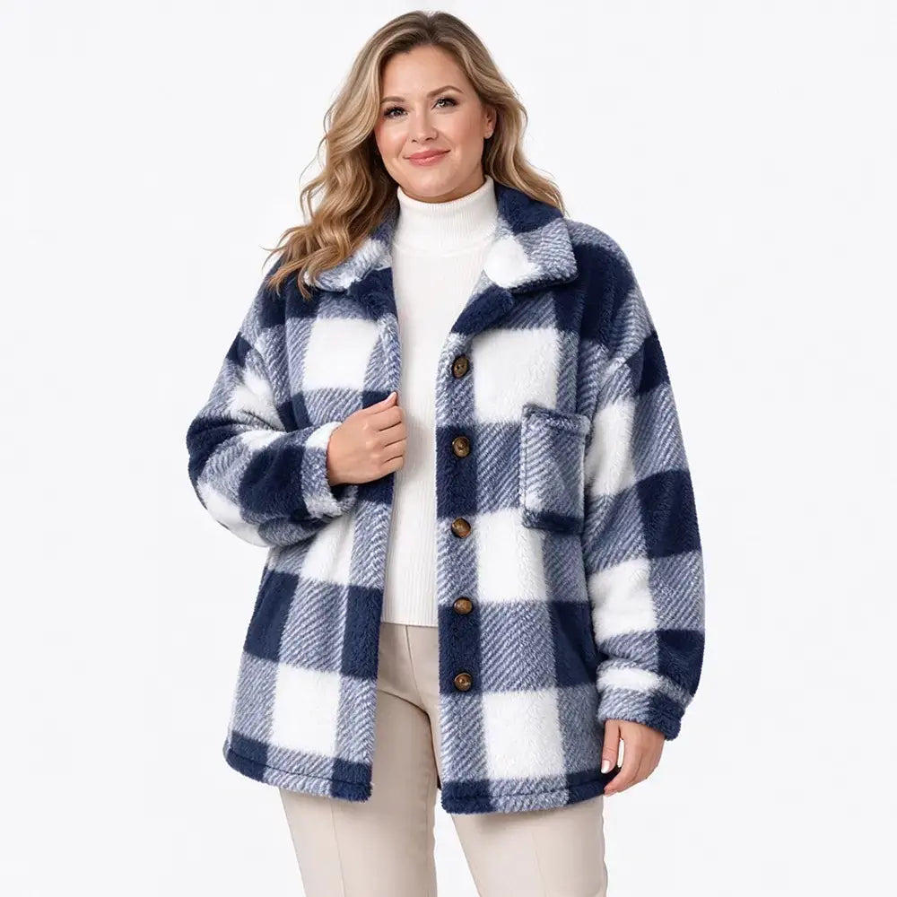 🧥【S–5XL】Ženski karirasti plašč iz umetnega krzna – podložen, ohlapnega kroja, toplo vrhnje oblačilo za jesen in zimo 🥰