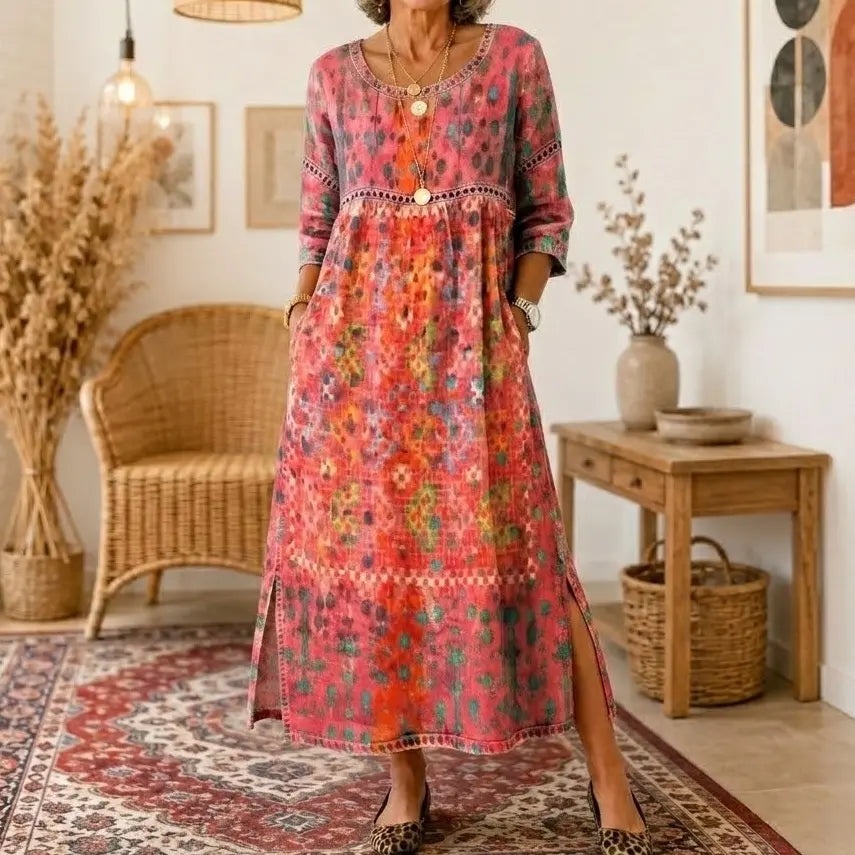 【S-5XL】Retro elegáns, testhezálló ruha, kerek nyakú, virágmintás maxi ruha