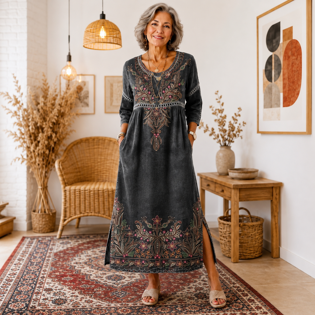 【S-5XL】Retro elegáns, testhezálló ruha, kerek nyakú, virágmintás maxi ruha