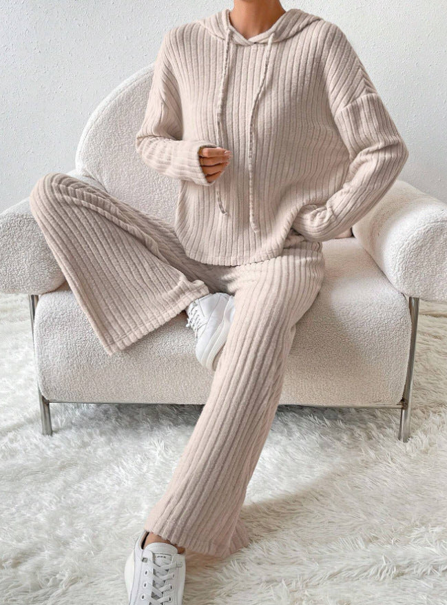 【Μπλούζα + Παντελόνι】😍Γυναικείο πλεκτό τοπ με κουκούλα και φαρδύ παντελόνι