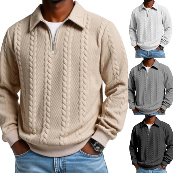 👔【S-3XL】Ανδρικό πλεκτό πουλόβερ με γιακά ζακάρ, casual μακριά μανίκια