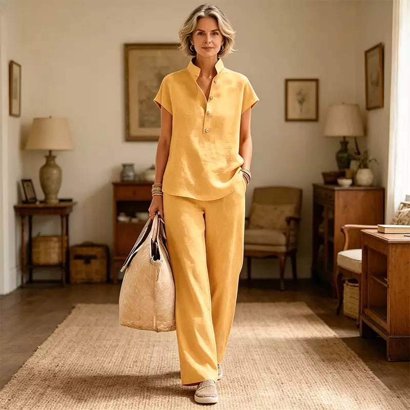 🔥【¡Oferta al 50%!!】✨Conjunto de mujer de lino y algodón: blusa de manga corta y pantalón ancho, estilo casual elegante de verano-4299443