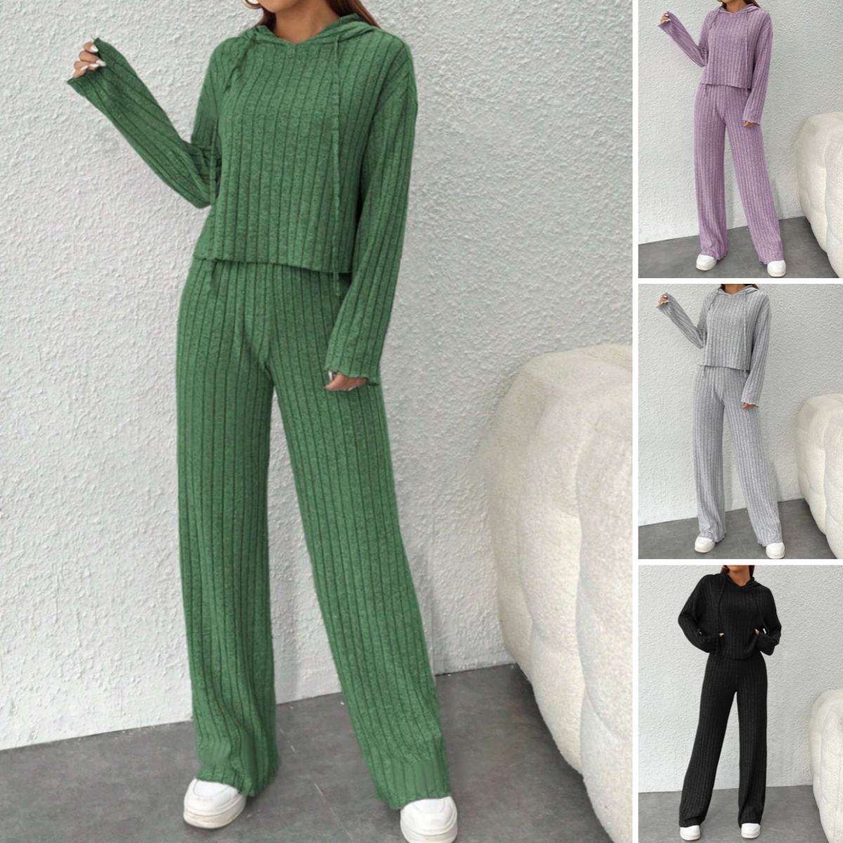 【Μπλούζα + Παντελόνι】😍Γυναικείο πλεκτό τοπ με κουκούλα και φαρδύ παντελόνι