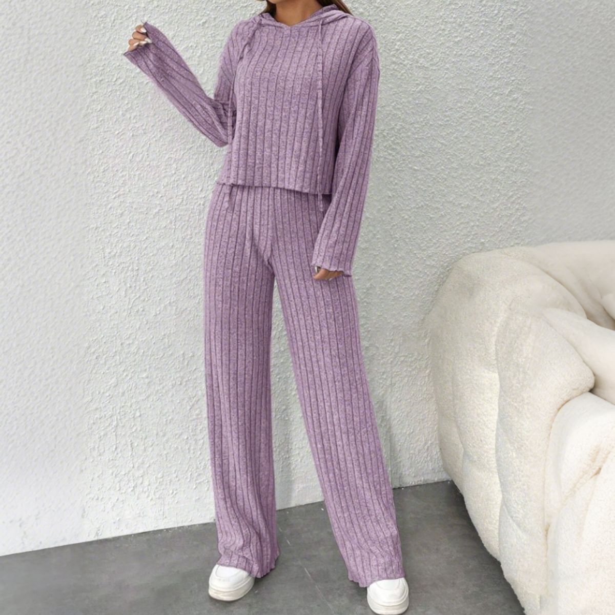 😍【Top + Spodnie】Stylowy damski dzianinowy dwuczęściowy komplet: Bluza + Spodnie z szerokimi nogawkami