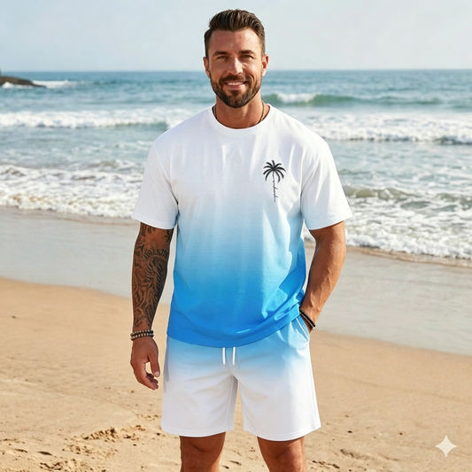🌴【S-5XL】Új divatos férfi nyári öltöny, mintás pólóval és rövidnadrággal; laza és lezser fazon.