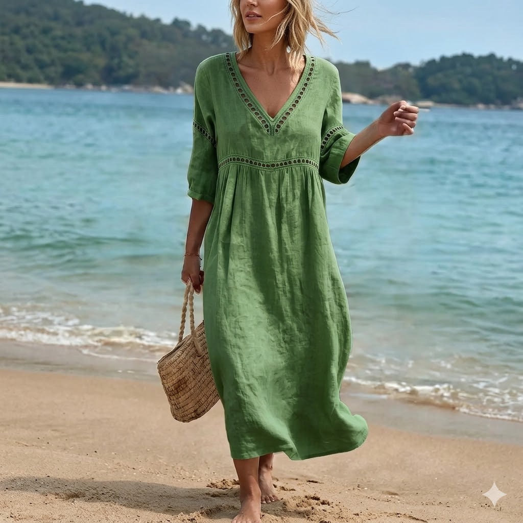 👗【S-3XL】Φόρεμα από βαμβάκι και λινό σε καλοκαιρινή μόδα - Σχέδιο με λαιμόκοψη V, αναπνεύσιμο και άνετο, λεπτό και κολακευτικό