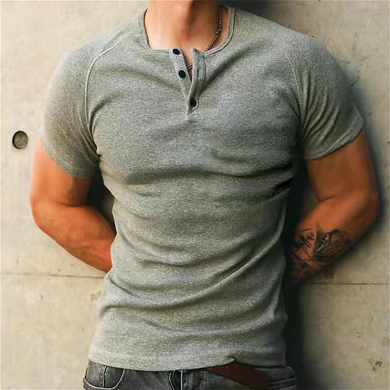 【80-100KG】Νέα Άφιξη 2026, Κομψό Ανδρικό T-shirt Henley με Κουμπί γιακά, Ελαστικό, Αεριζόμενο, Στενή Γραμμή και Στρογγυλή Λαιμόκοψη
