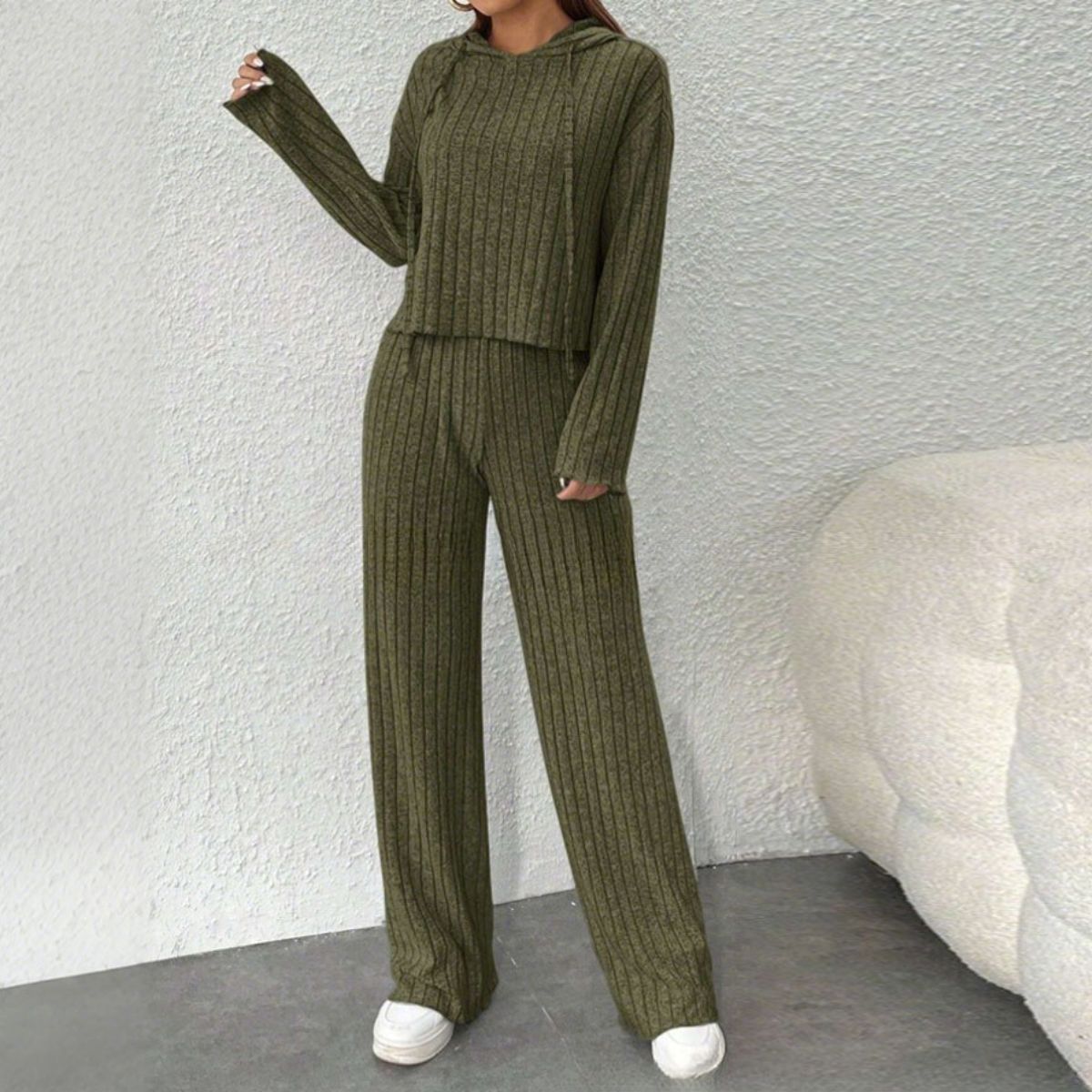 😍【Top + Spodnie】Stylowy damski dzianinowy dwuczęściowy komplet: Bluza + Spodnie z szerokimi nogawkami