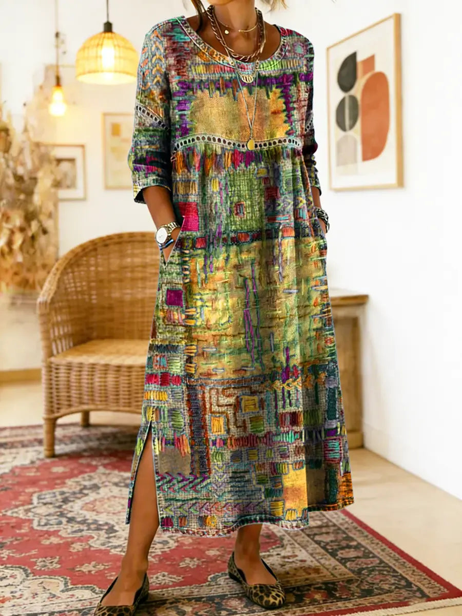 Bohém maxi ruha etnikus patchwork mintával