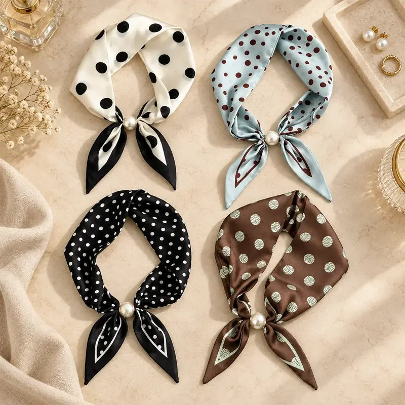 🧣【4-delni komplet】✨ Ženski svileni šal z magnetno zaponko in biseri | Eleganten in eleganten, brez vozlanja | Na voljo več potiskih 🎀