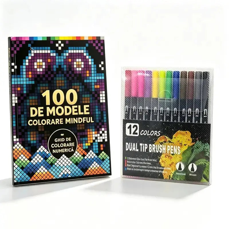 🛍️ Stresszoldó kifestőkönyv készlet "100 minta, fókuszban a színezés" 🎨 Felnőtt és idős számfesték | 100 minta (virágok, mandalák) + bónusz színes ceruzakészlet
