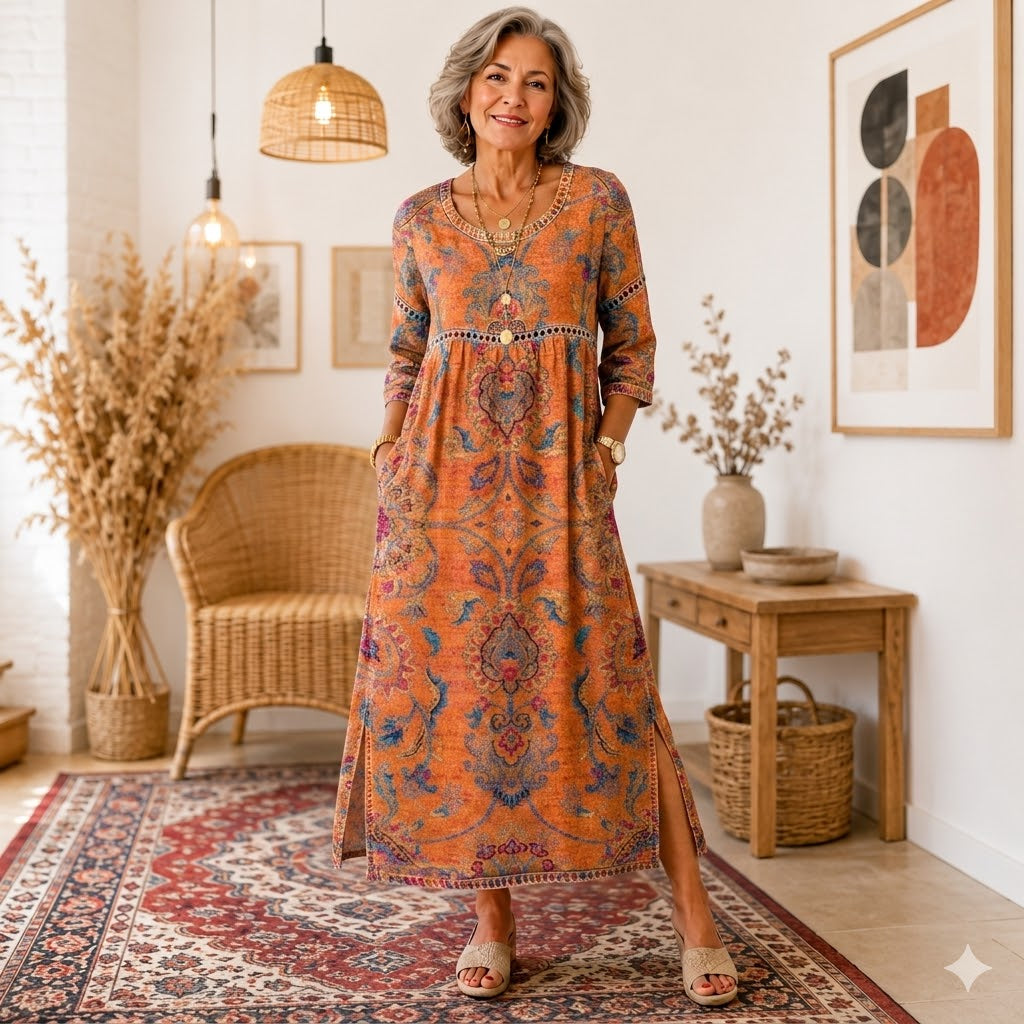 【S-5XL】Retro elegáns, testhezálló ruha, kerek nyakú, virágmintás maxi ruha