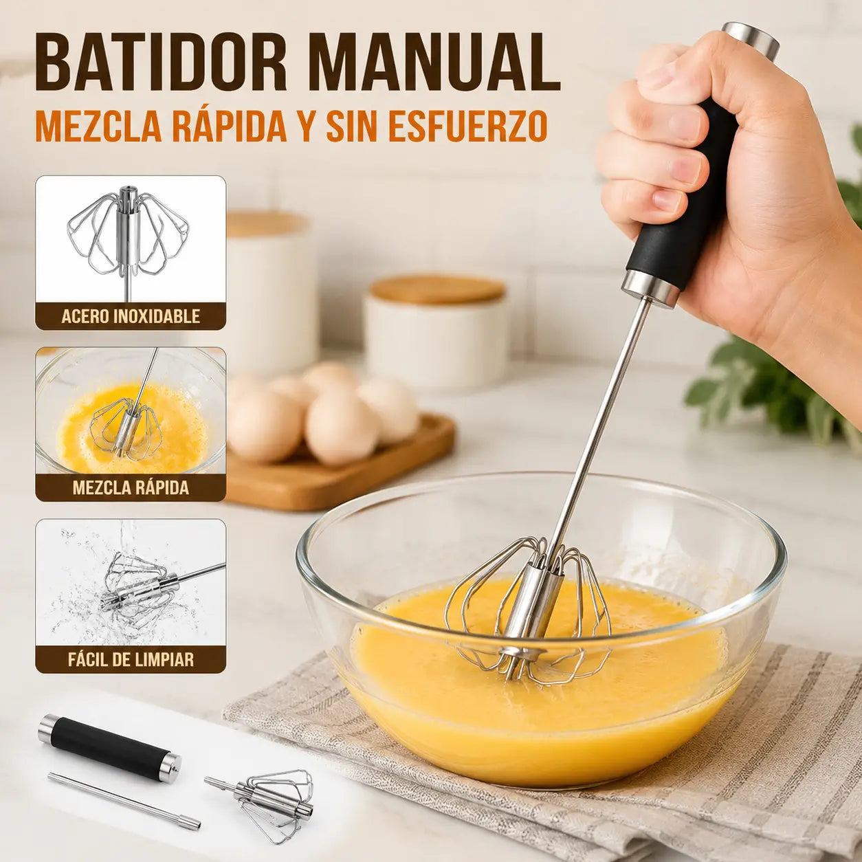 【 Conjunto de 2 piezas】Batidor de huevos semiautomático de acero inoxidable