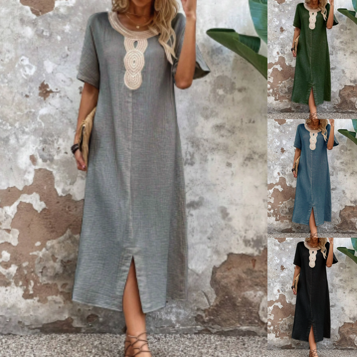🧚‍♀️👗【50% zniżki 🔥】【S-3XL】💖Letnia duża damska sukienka z okrągłym dekoltem, koronką, krótkim rękawem, czystą bawełną i lnem, rozcięciem i luźną sukienką