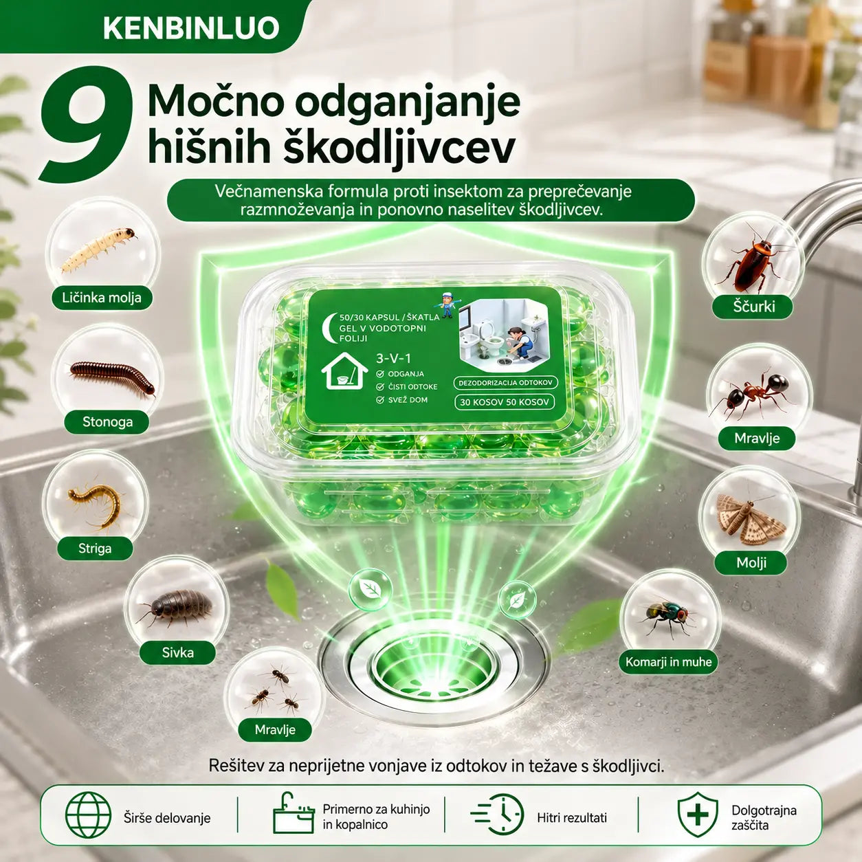 2 pakiranja (100 tablet) 👍 Vodotopne kapsule za odpravljanje vonjav iz odtokov - popolna rešitev za preprečevanje širjenja vonjav v kopalnicah in kuhinjah.