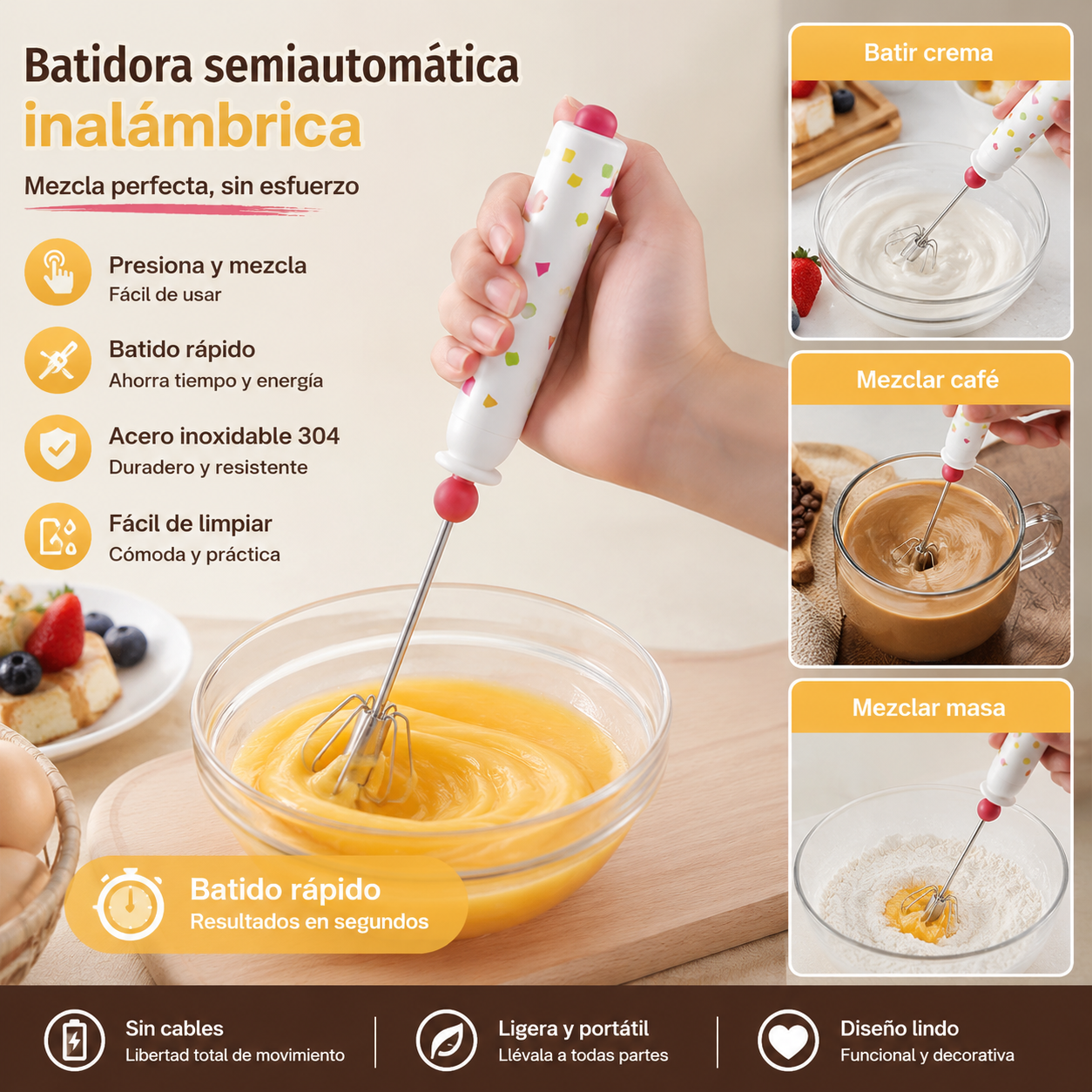 【 Conjunto de 2 piezas】🥚 Batidor semiautomático desmontable de acero inoxidable 304 ✨