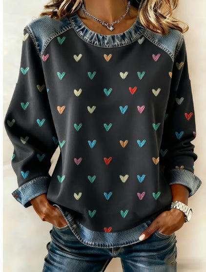 🔥【S-5XL】Μοντέρνο γυναικείο τζιν τοπ με patchwork και στάμπα για φθινόπωρο/χειμώνα