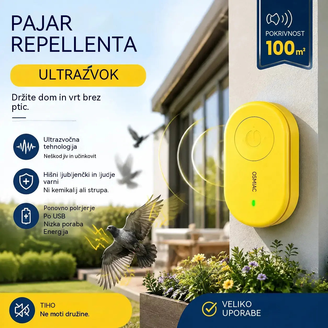 🐦 Prenosni ultrazvočni odganjalec ptic | Avtomatska naprava za odganjanje golobov, primerna za balkone, vrtove in zunanje površine.