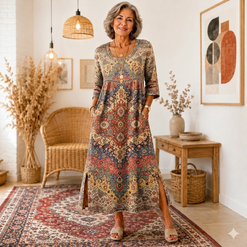 【S-5XL】Retro elegáns, testhezálló ruha, kerek nyakú, virágmintás maxi ruha