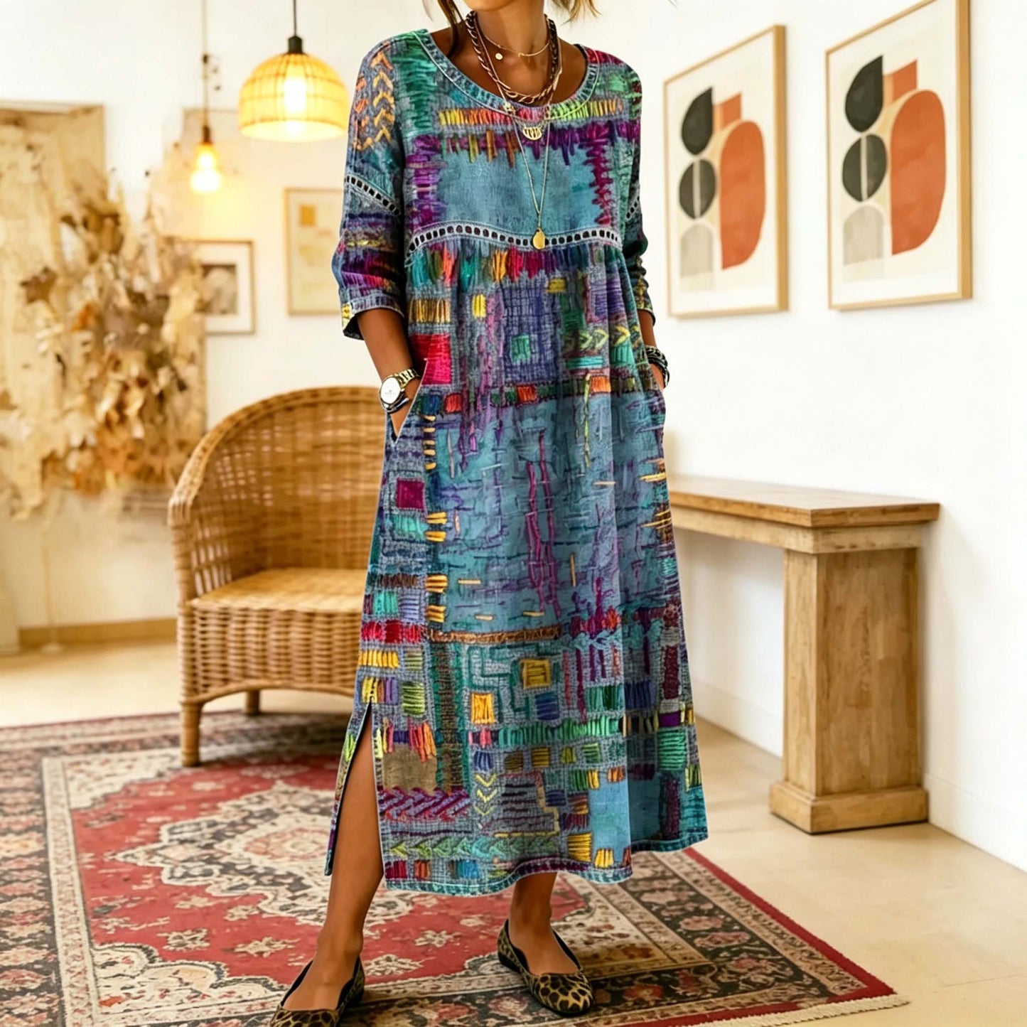 Bohém maxi ruha etnikus patchwork mintával