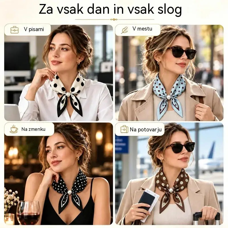 🧣【4-delni komplet】✨ Ženski svileni šal z magnetno zaponko in biseri | Eleganten in eleganten, brez vozlanja | Na voljo več potiskih 🎀
