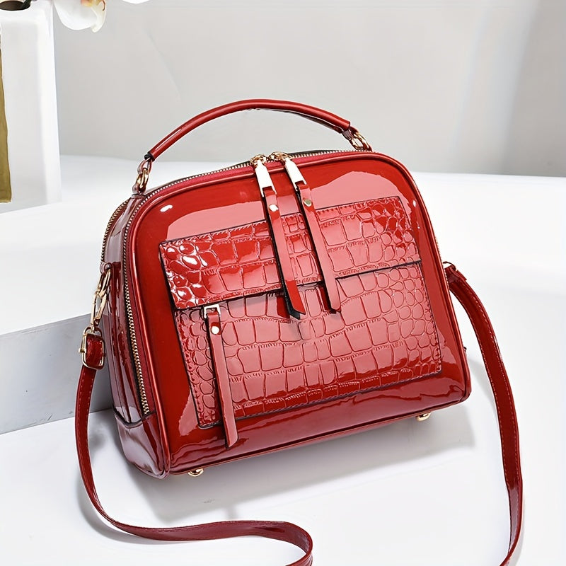 💟Geantă de mână elegantă din piele lacuită cu model crocodil, stil retro, geantă de umăr pătrată vintage, crossbody din piele artificială cu curea reglabilă pentru femei