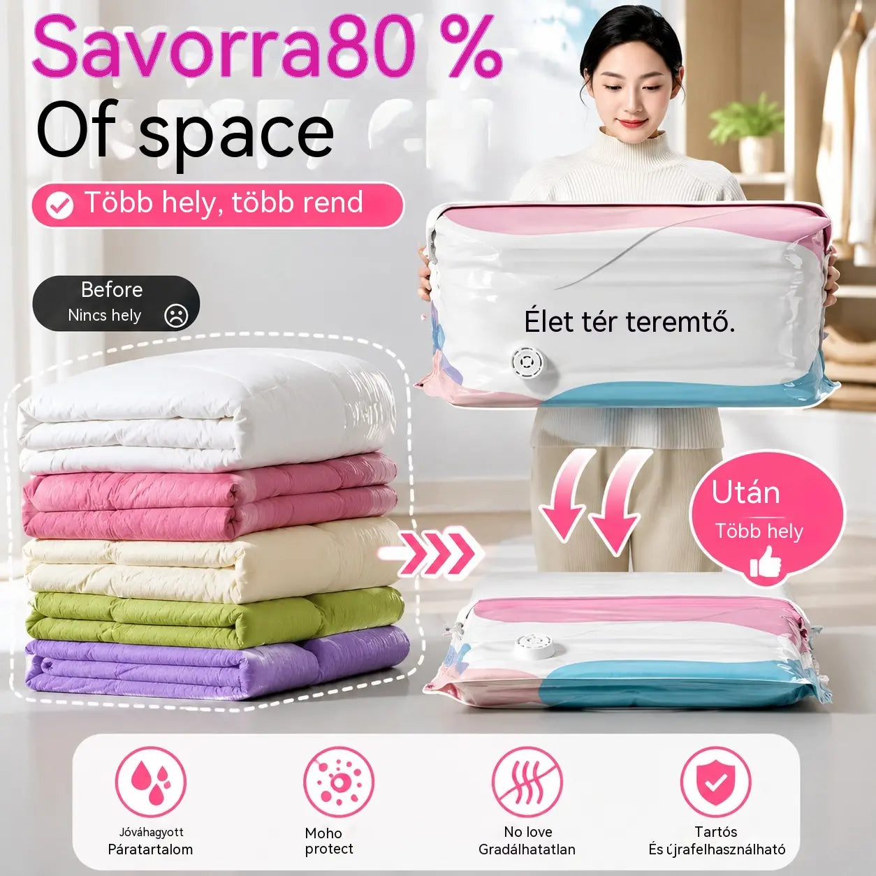 🧳【5 darabos】💨 Nagy, összenyomható vákuumos tárolózsák: nincs szükség pumpára, szivárgásmentes, és ideális helytakarékosságra bőröndökben és otthon ✈️