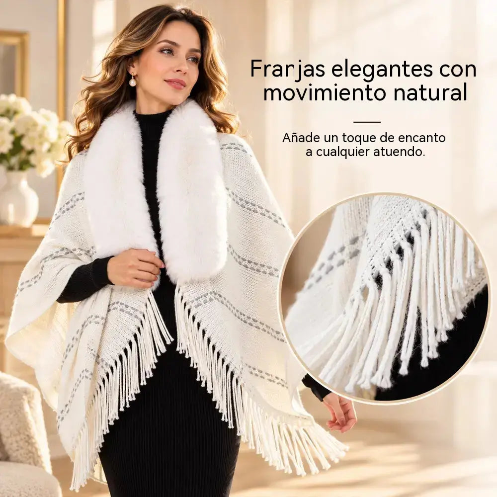 ✨ Pleten zimski šal s plišastim ovratnikom in elegantnimi resicami. Topel, udoben in sproščen ženski kardigan v slogu pelerine!
