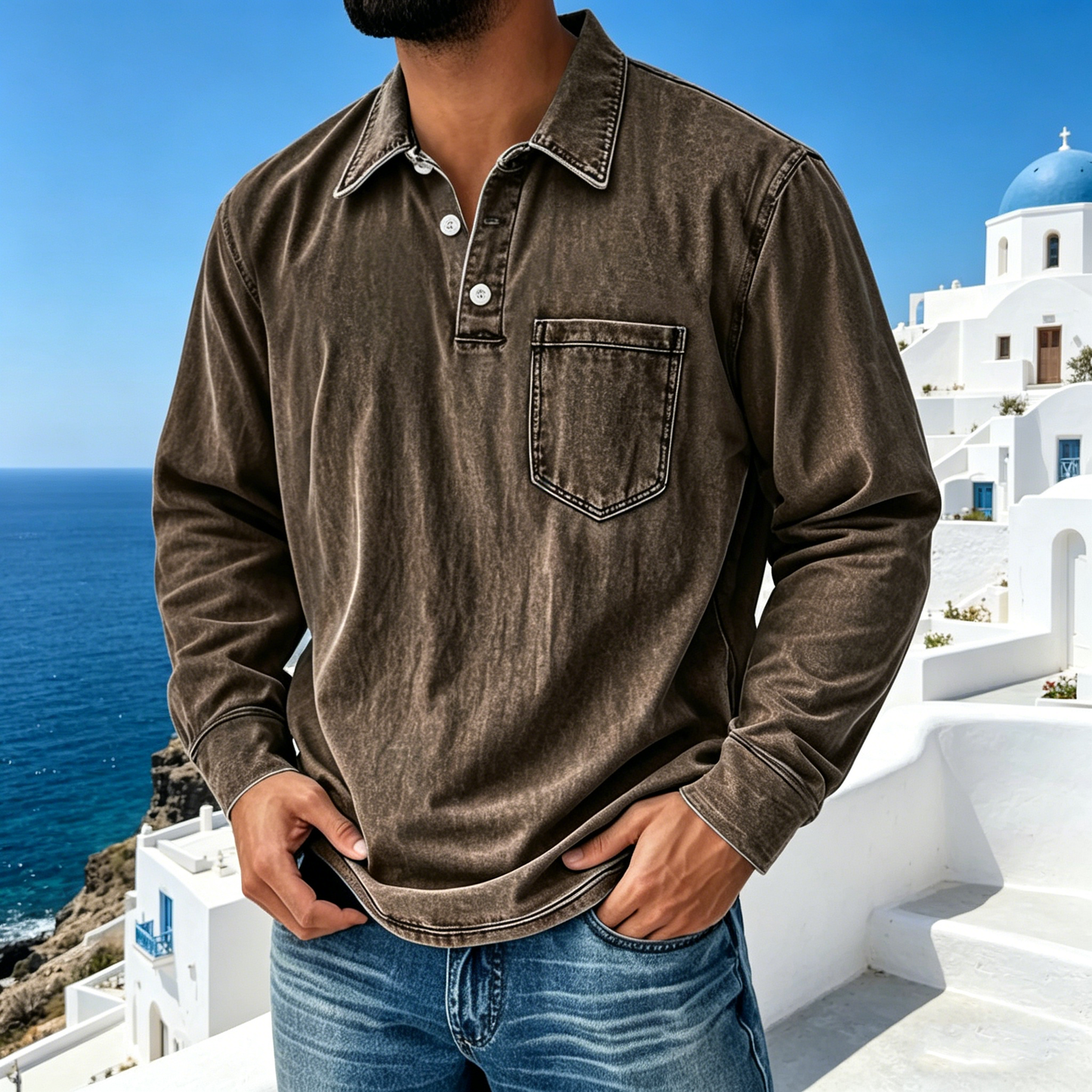 【S-5XL】Νέο τζιν πουκάμισο Henley για άνδρες με 3 κουμπιά, casual, μακρυμάνικο, του 2026