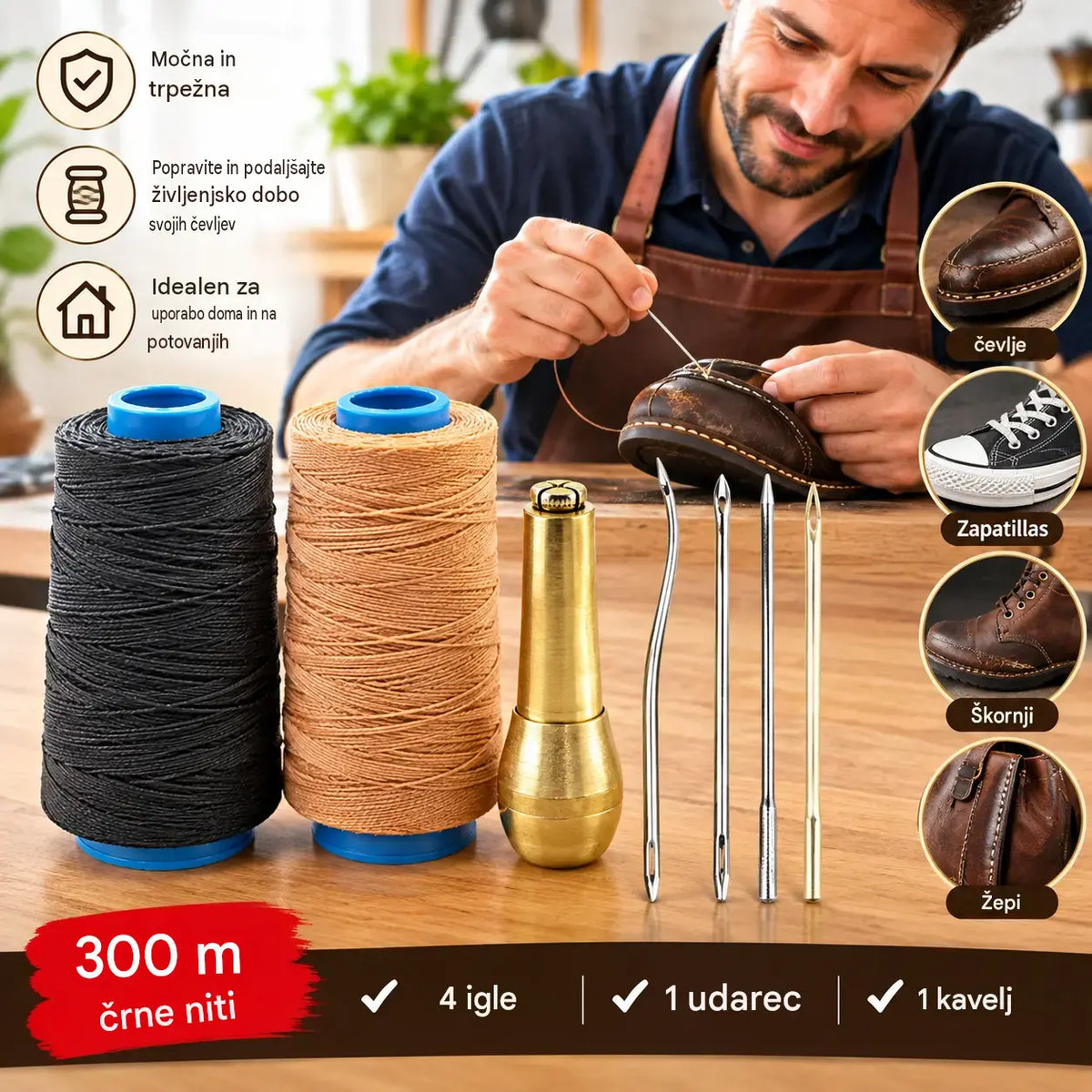 ✨Zdaj 50 % ceneje!✨ 5-delni komplet šila za šivanje usnja z voskano nitjo: orodje za ročno šivanje usnja.