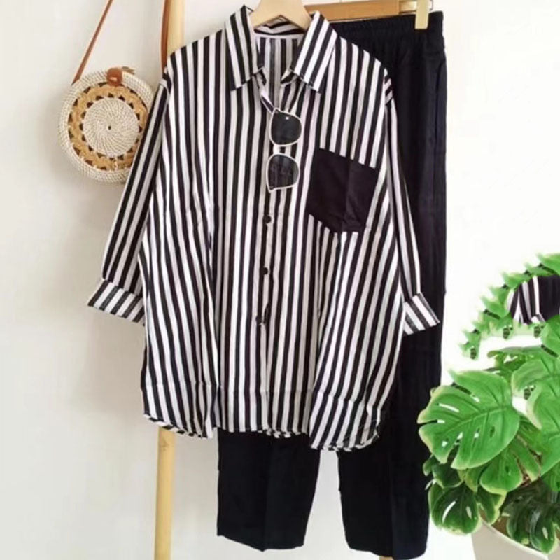 🔥Oferta por tiempo limitado🔥【Top + Pantalones】 (40-120 kg) Traje casual, holgado, a rayas y transpirable ✅️Pago contra entrega