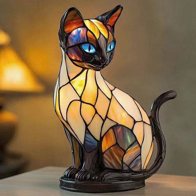 🐱 Δημιουργικό επιτραπέζιο φωτιστικό σε σχήμα γάτας, ρετρό φωτάκι νυκτός, από πολύχρωμη ρητίνη