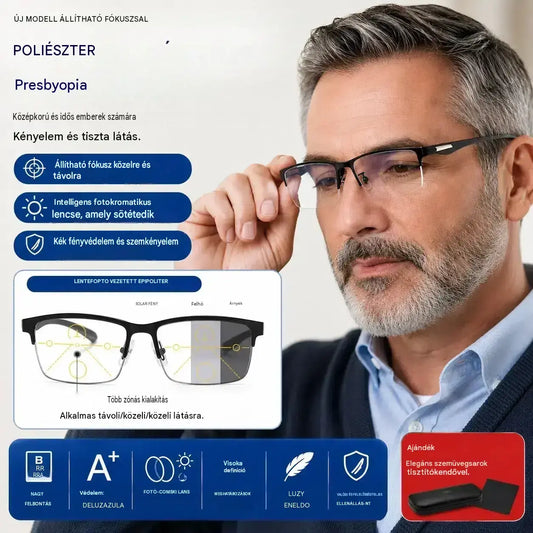👓Egy új, keret nélküli olvasószemüveg, amelyet kifejezetten középkorú és idős emberek számára terveztek, zoom, multifókusz és fotokromatikus funkciókkal, valamint kék fény blokkolására is alkalmas.