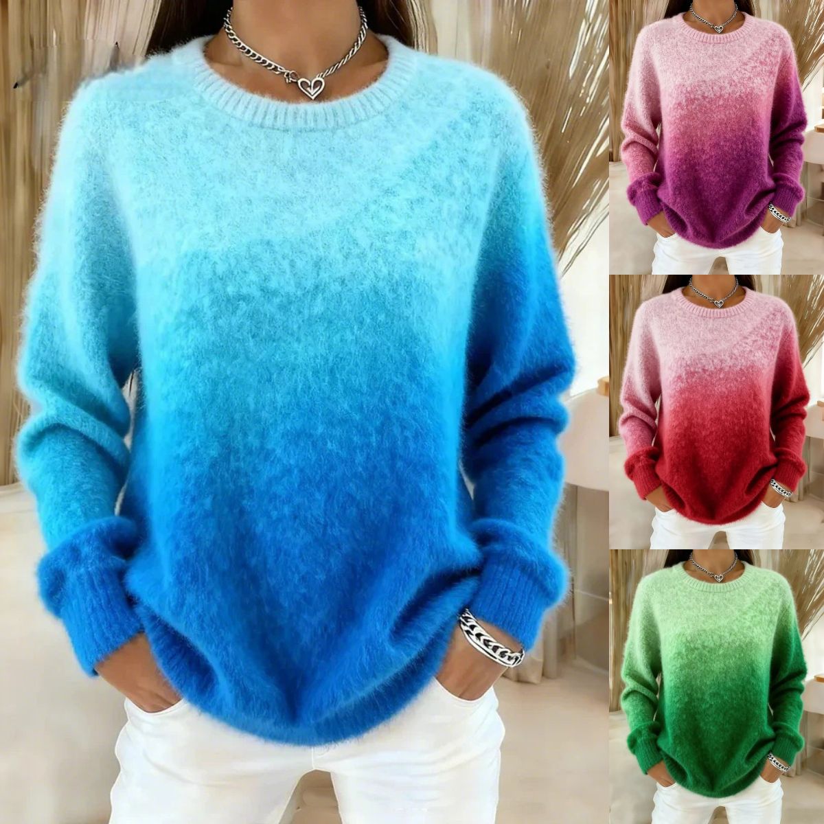 🔥【S–5XL】Sveter s okrúhlym výstrihom a gradientnou farbou, teplý a pohodlný.