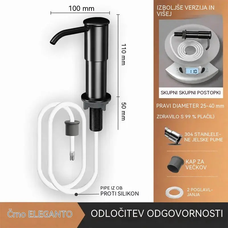 Vgradni dozator mila in detergenta za kuhinjsko pomivalno korito, izdelan iz vrhunskega nerjavečega jekla, z raztegljivo cevjo za neposredno dovajanje v steklo in gravitacijsko kroglico 304, hitro črpanje