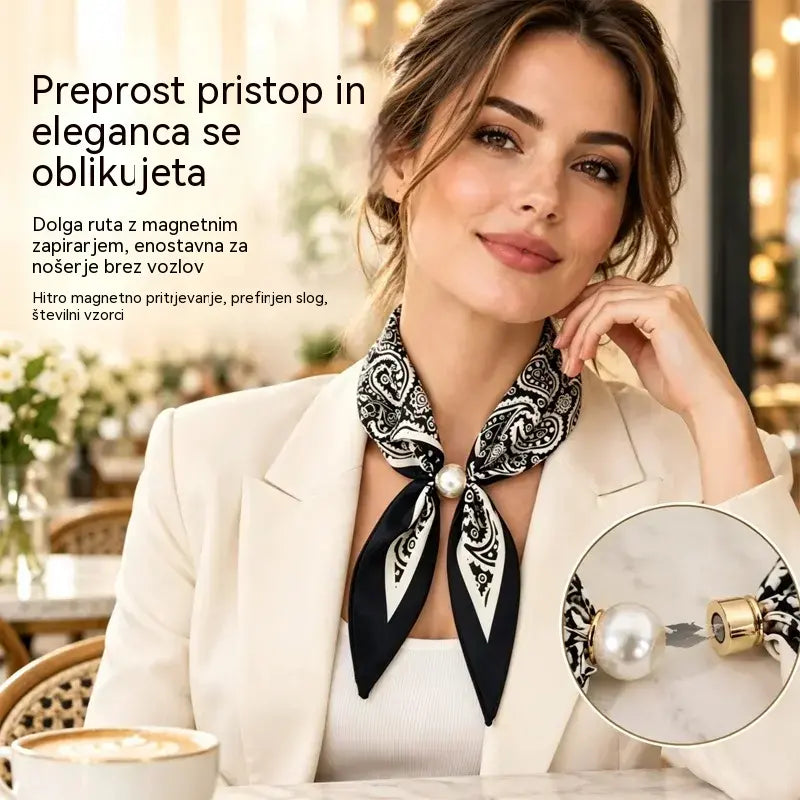 🧣【4-delni komplet】✨ Ženski svileni šal z magnetno zaponko in biseri | Eleganten in eleganten, brez vozlanja | Na voljo več potiskih 🎀