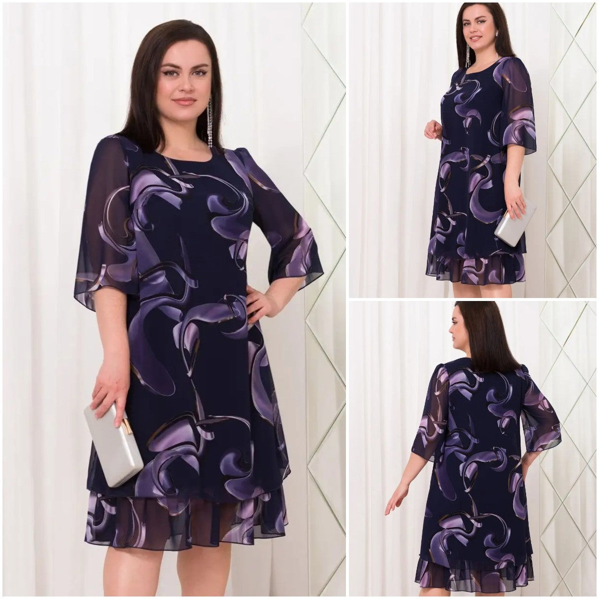 💕【S-5XL】👗Elegancka sukienka z nadrukiem siateczki i rękawami z falbaną