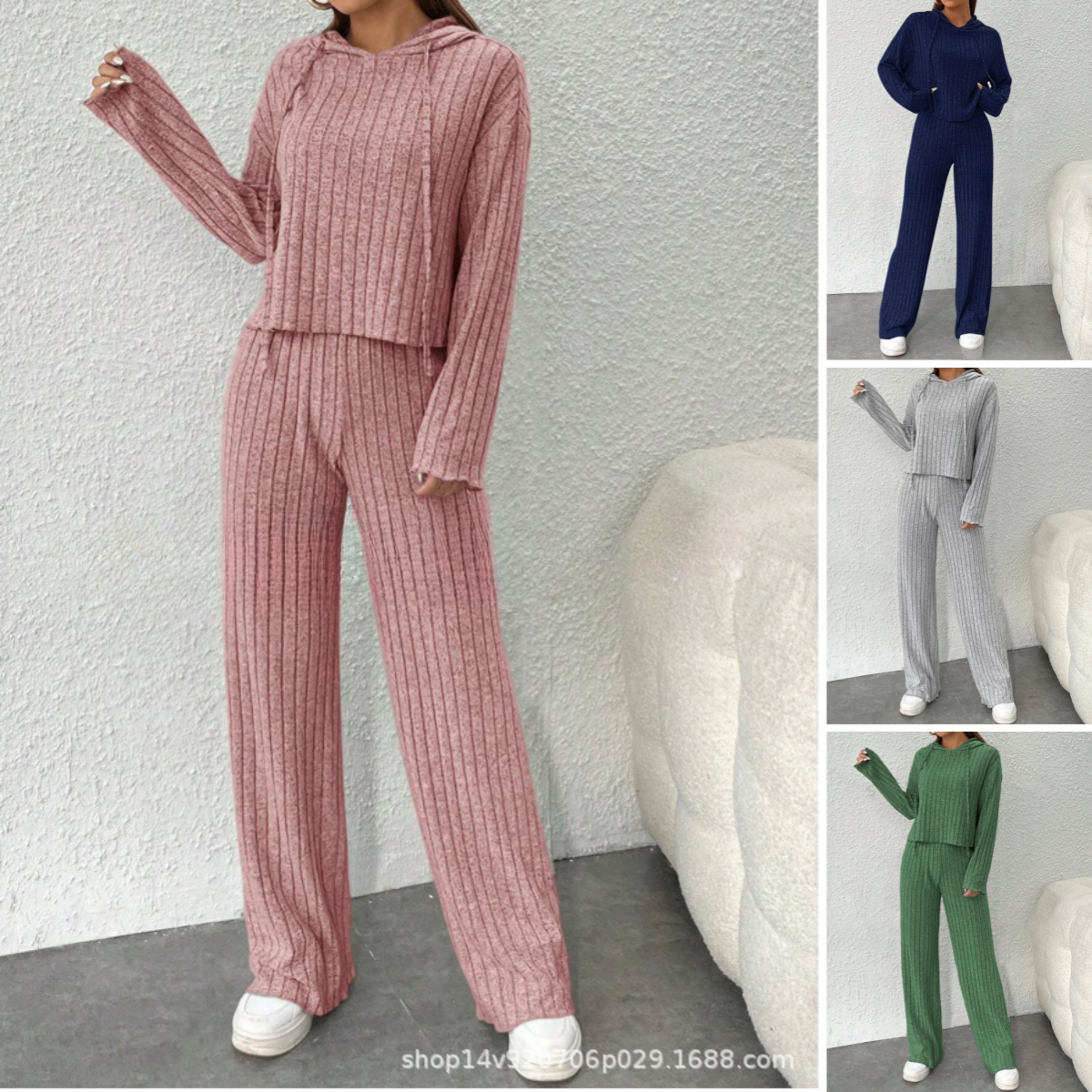 【Μπλούζα + Παντελόνι】😍Γυναικείο πλεκτό τοπ με κουκούλα και φαρδύ παντελόνι