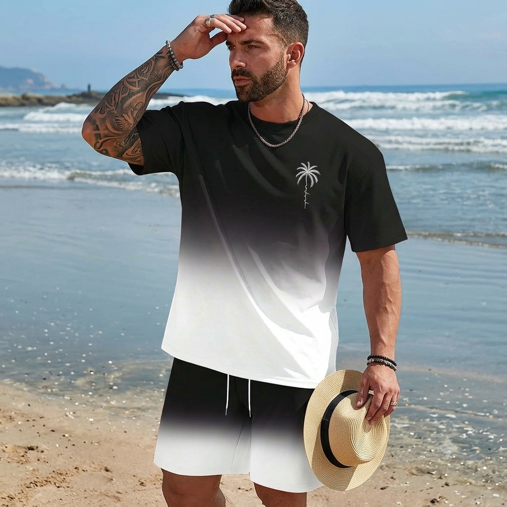 🌴【S-5XL】Új divatos férfi nyári öltöny, mintás pólóval és rövidnadrággal; laza és lezser fazon.