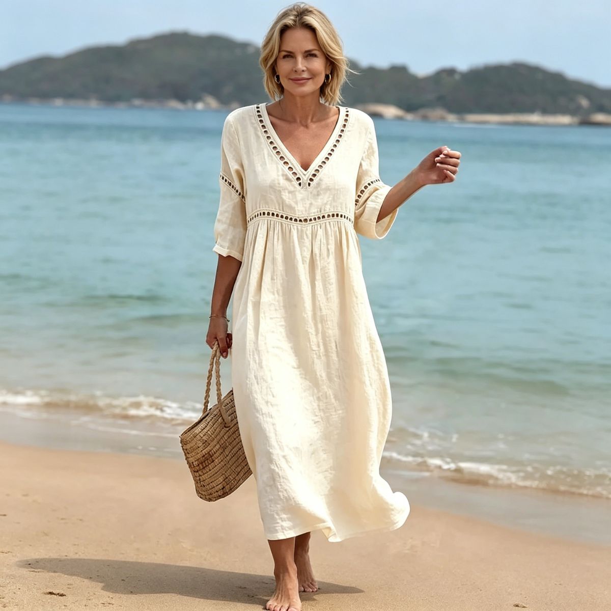 👗【S-3XL】Φόρεμα από βαμβάκι και λινό σε καλοκαιρινή μόδα - Σχέδιο με λαιμόκοψη V, αναπνεύσιμο και άνετο, λεπτό και κολακευτικό