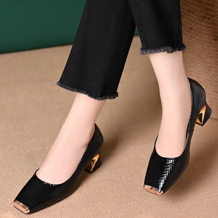🔥【35-42】🥿Nowe francuskie buty z grubymi obcasami i fakturą, płytkie otwarcie. Kwadratowy nosek, gruby obcas, modny styl