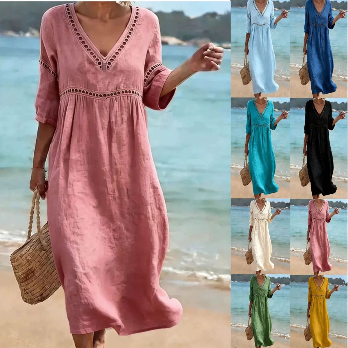 👗【S-3XL】Φόρεμα από βαμβάκι και λινό σε καλοκαιρινή μόδα - Σχέδιο με λαιμόκοψη V, αναπνεύσιμο και άνετο, λεπτό και κολακευτικό